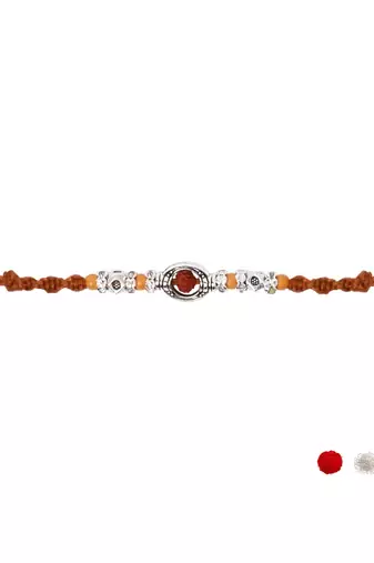 rudraksha designer rakhi with roli chawal and raksha bandhan card