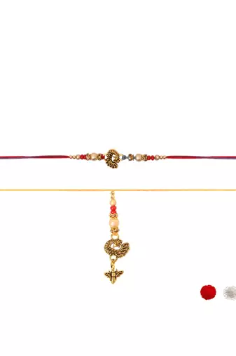 peacock designer lumba and rakhi set with roli chawal and raksha bandhan card