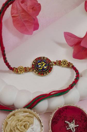 designer om rakhi with roli chawal and raksha bandhan cards