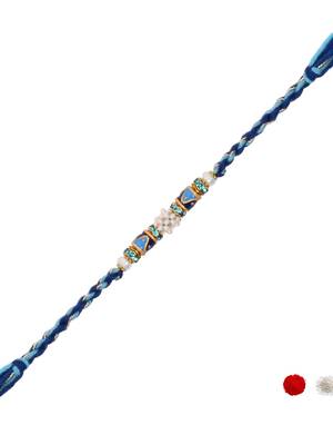 designer blue rakhi with roli chawal and raksha bandhan cards 2