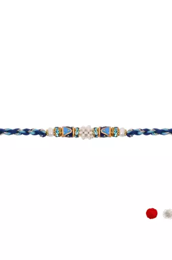 designer blue rakhi with roli chawal and raksha bandhan cards
