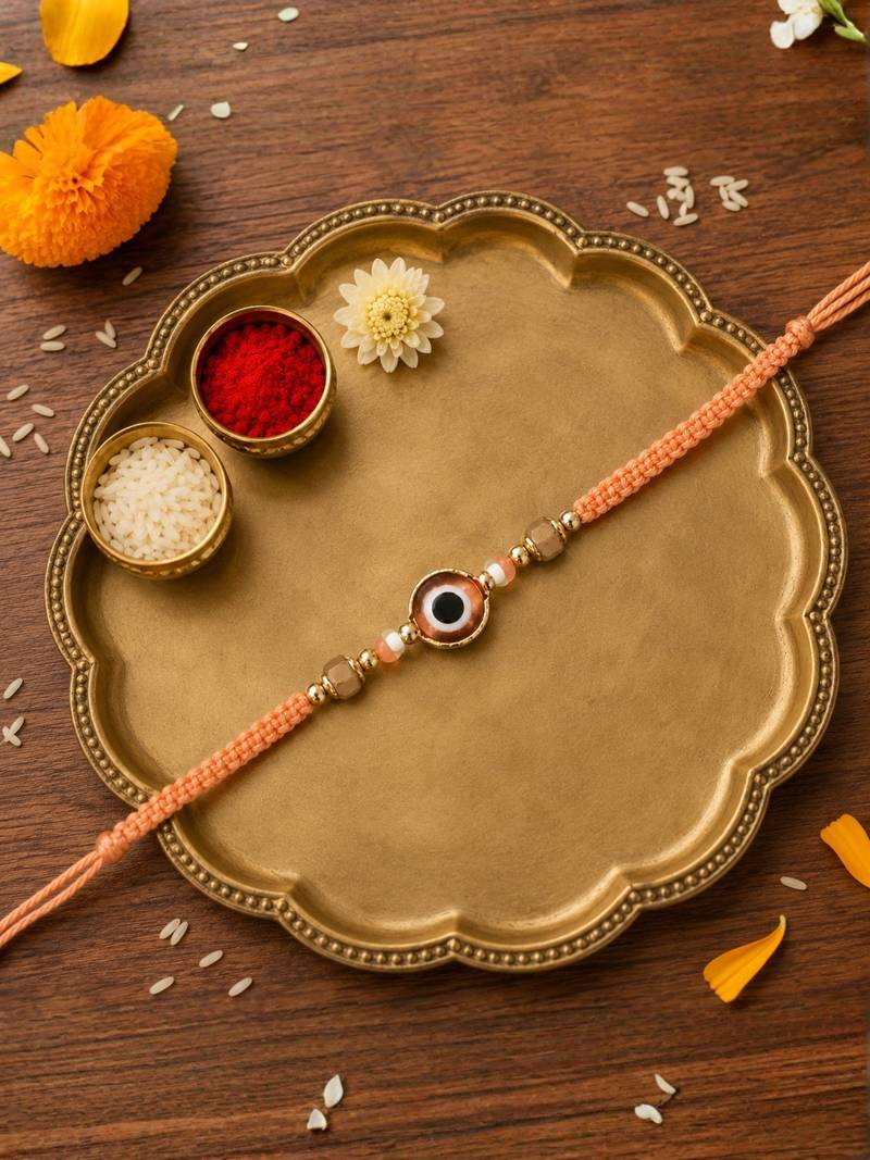 evil eye rakhi with roli chawal and raksha bandhan cards