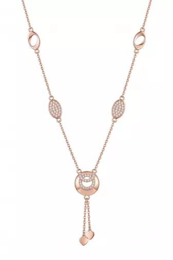 925 Sterling Silver Rose Gold  Cubic Zirconia Circle Lariat Necklace Set with Heart Tassels