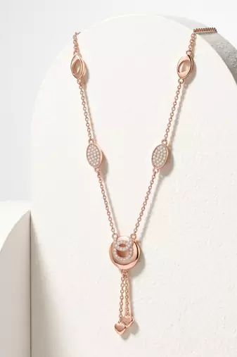 925 Sterling Silver Rose Gold  Cubic Zirconia Circle Lariat Necklace Set with Heart Tassels