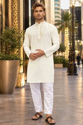 Beige embroidered silk straight kurta 1