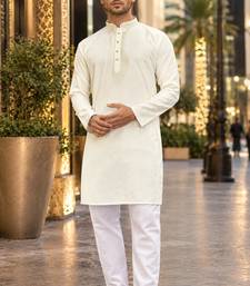 Beige embroidered silk straight kurta