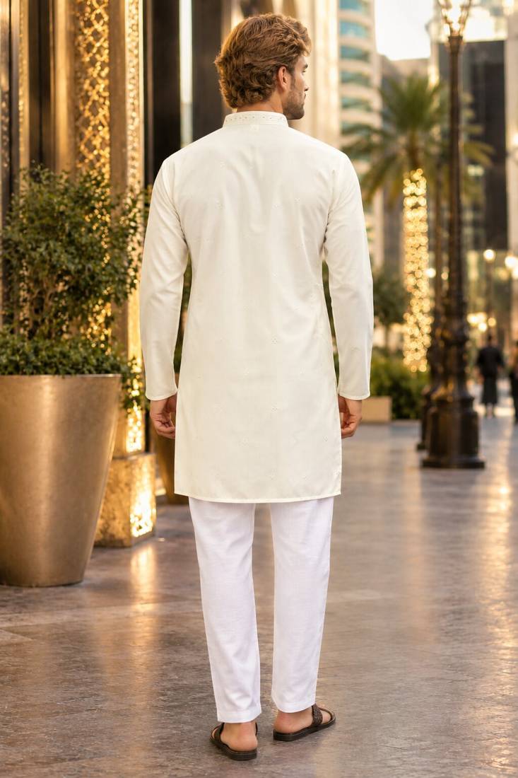 Beige embroidered silk straight kurta