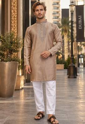 Brown embroidered silk straight kurta 1