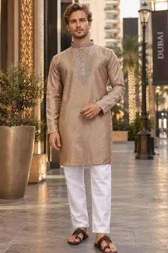 Brown embroidered silk straight kurta