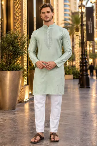 Green embroidered silk straight kurta