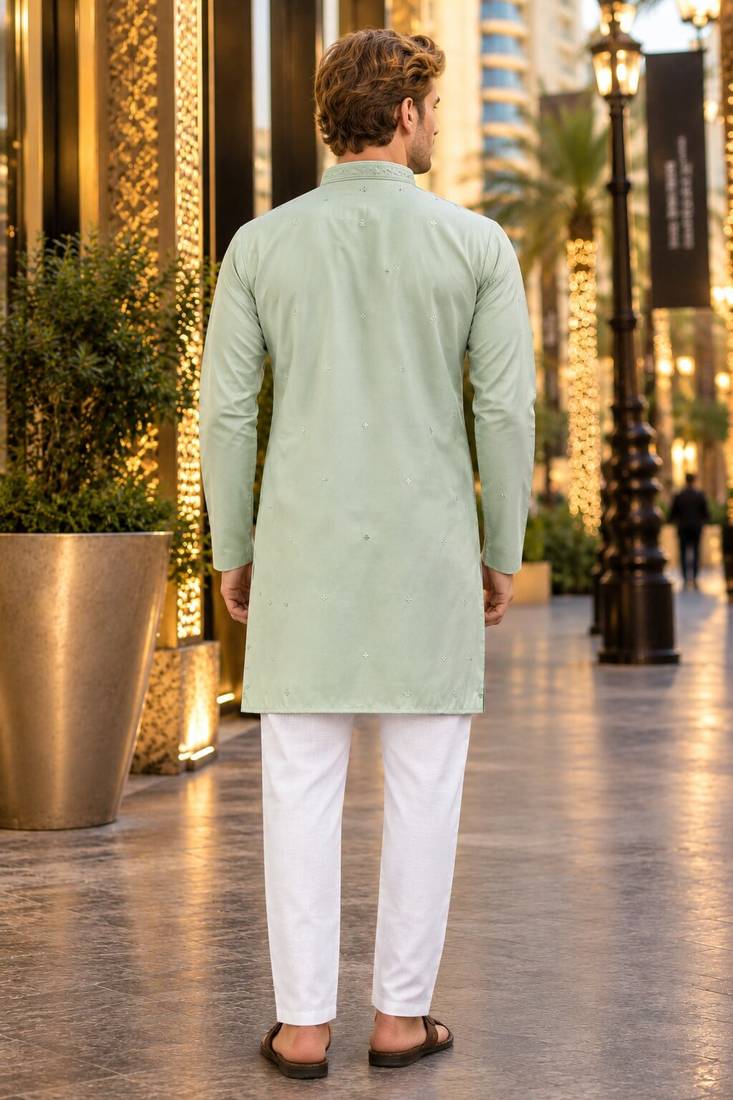 Green embroidered silk straight kurta