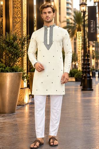 White embroidered silk straight kurta