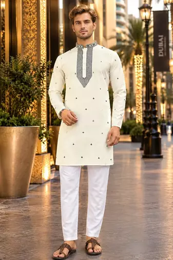 White embroidered silk straight kurta