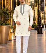White embroidered silk straight kurta