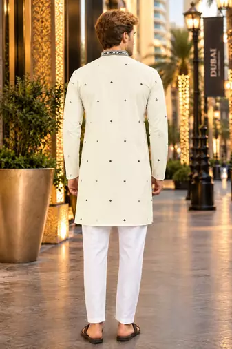 White embroidered silk straight kurta
