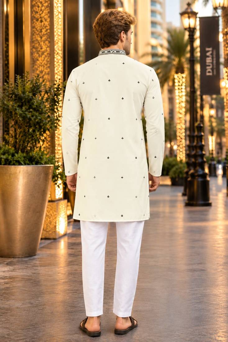 White embroidered silk straight kurta