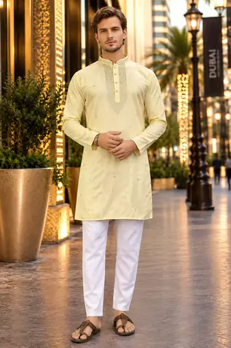 Yellow embroidered silk straight kurta