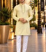 Yellow embroidered silk straight kurta