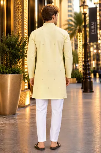 Yellow embroidered silk straight kurta