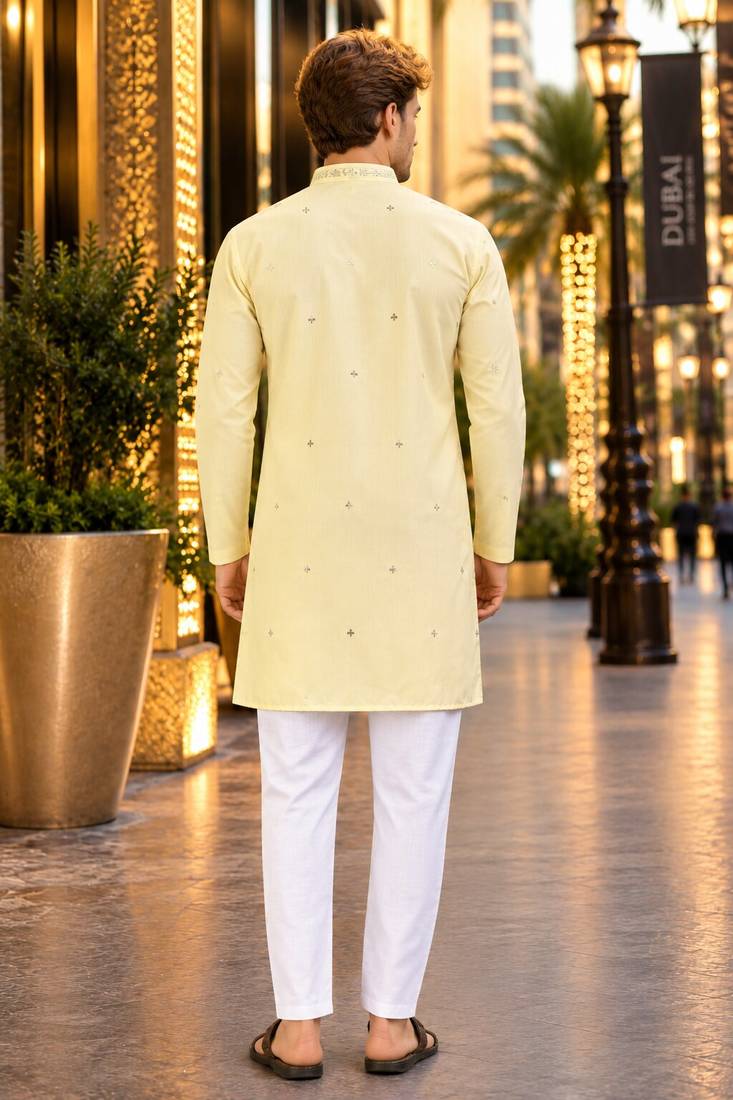 Yellow embroidered silk straight kurta