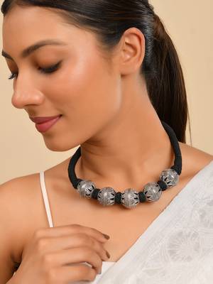 Oxidised Silver Bead Necklace For Women | Black Thread Tribal Choker | Boho Jewellery 1