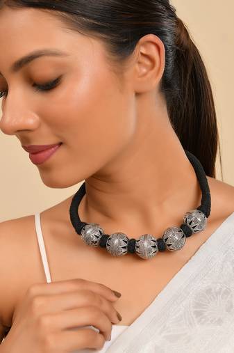 Oxidised Silver Bead Necklace For Women | Black Thread Tribal Choker | Boho Jewellery