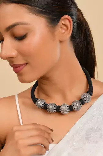 Oxidised Silver Bead Necklace For Women | Black Thread Tribal Choker | Boho Jewellery
