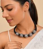 Oxidised Silver Bead Necklace For Women | Black Thread Tribal Choker | Boho Jewellery