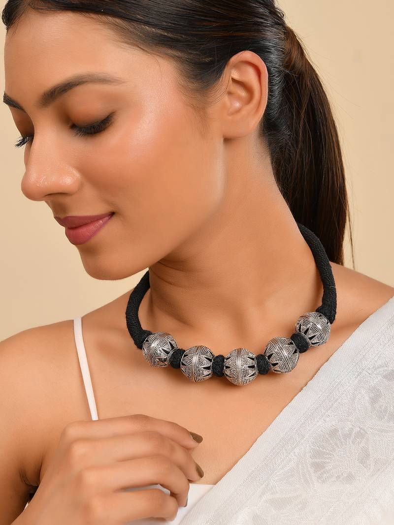 Oxidised Silver Bead Necklace For Women | Black Thread Tribal Choker | Boho Jewellery