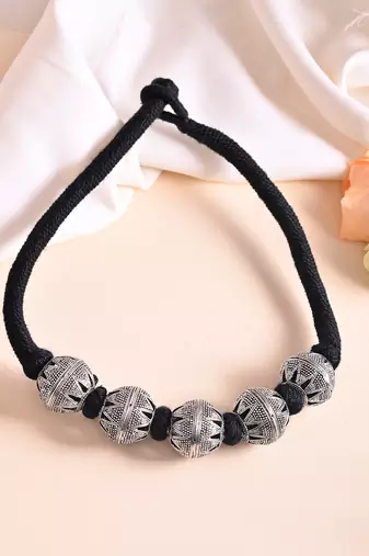 Oxidised Silver Bead Necklace For Women | Black Thread Tribal Choker | Boho Jewellery
