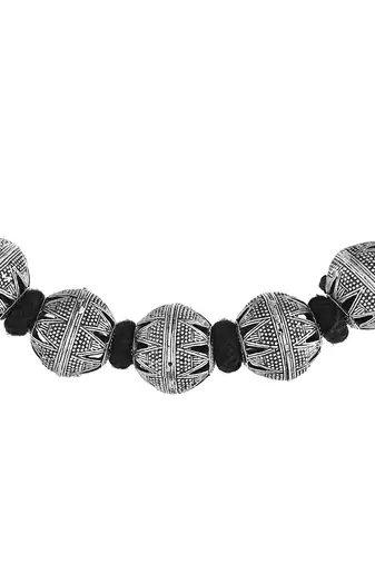 Oxidised Silver Bead Necklace For Women | Black Thread Tribal Choker | Boho Jewellery