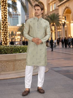 Green embroidered silk straight kurta 1