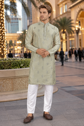 Green embroidered silk straight kurta