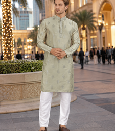 Green embroidered silk straight kurta