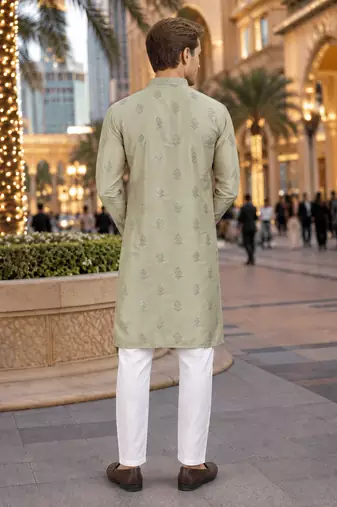 Green embroidered silk straight kurta