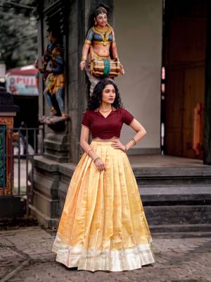 Moonga silk blend Navratri Special Solid Free Size Lehenga Choli with Printed Satin Mirror Dupatta 1
