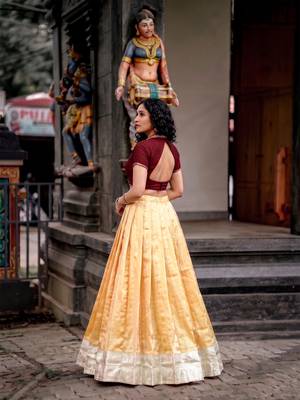Moonga silk blend Navratri Special Solid Free Size Lehenga Choli with Printed Satin Mirror Dupatta 3