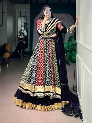 Multicolor Printed Pure Rayon Free Size Stitched Lehenga Choli Set with Lace Borders 1