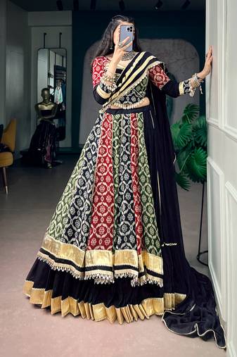 Multicolor Printed Rayon Free Size Stitched Lehenga Choli Set with Lace Borders