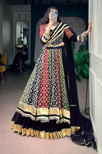 Multicolor Printed Pure Rayon Free Size Stitched Lehenga Choli Set with Lace Borders