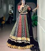 Multicolor Printed Pure Rayon Free Size Stitched Lehenga Choli Set with Lace Borders