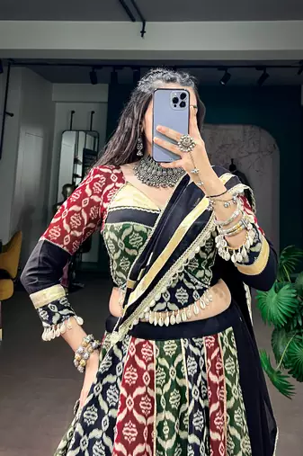 Multicolor Printed Pure Rayon Free Size Stitched Lehenga Choli Set with Lace Borders
