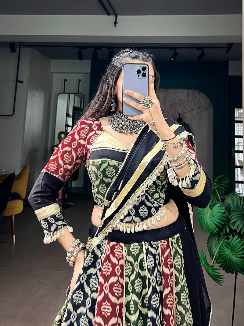 Multicolor Printed Pure Rayon Free Size Stitched Lehenga Choli Set with Lace Borders