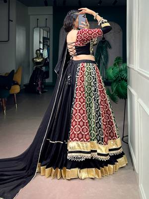 Multicolor Printed Pure Rayon Free Size Stitched Lehenga Choli Set with Lace Borders 3