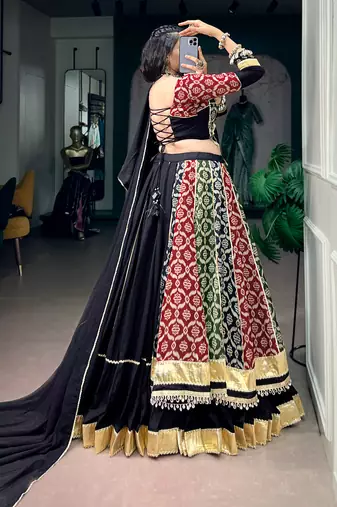 Multicolor Printed Pure Rayon Free Size Stitched Lehenga Choli Set with Lace Borders