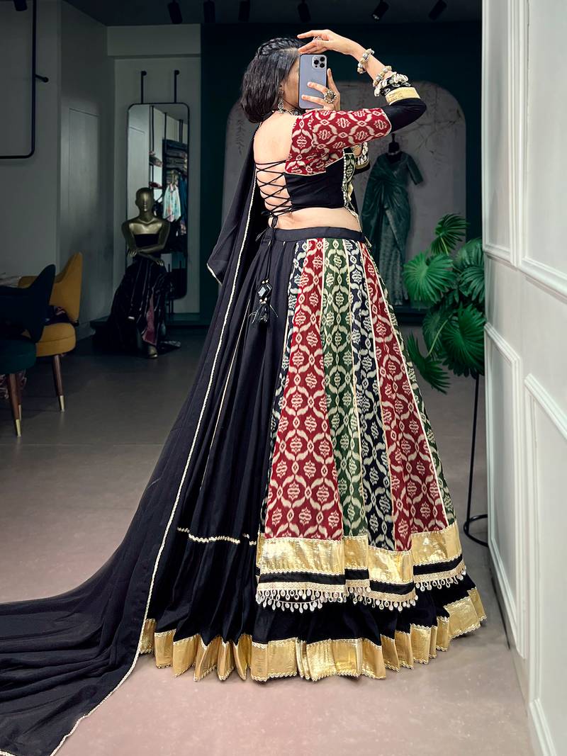 Multicolor Printed Pure Rayon Free Size Stitched Lehenga Choli Set with Lace Borders