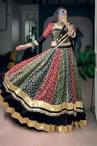 Multicolor Printed Pure Rayon Free Size Stitched Lehenga Choli Set with Lace Borders