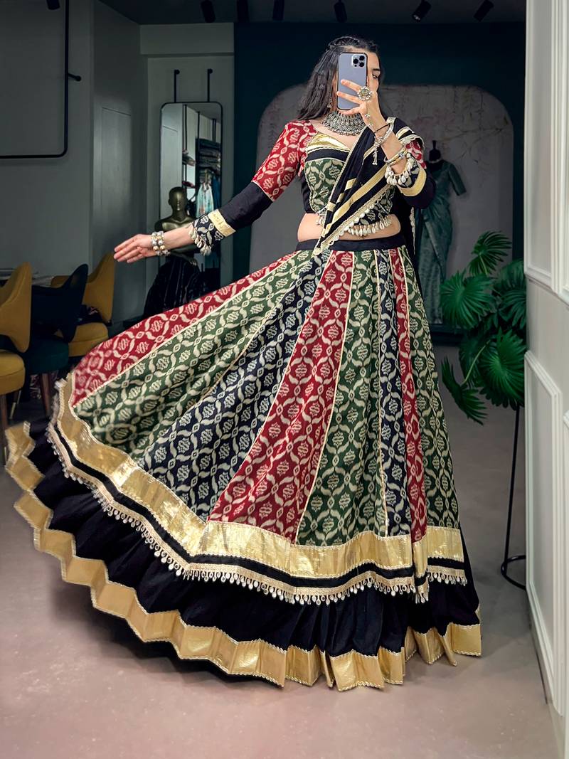 Multicolor Printed Pure Rayon Free Size Stitched Lehenga Choli Set with Lace Borders