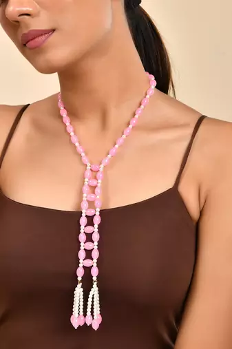 Pink Beaded Long Tassel Necklace For Women | Pearl Drop Designer Fashion Jewellery