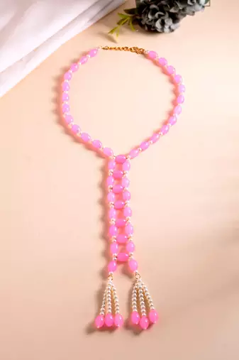 Pink Beaded Long Tassel Necklace For Women | Pearl Drop Designer Fashion Jewellery